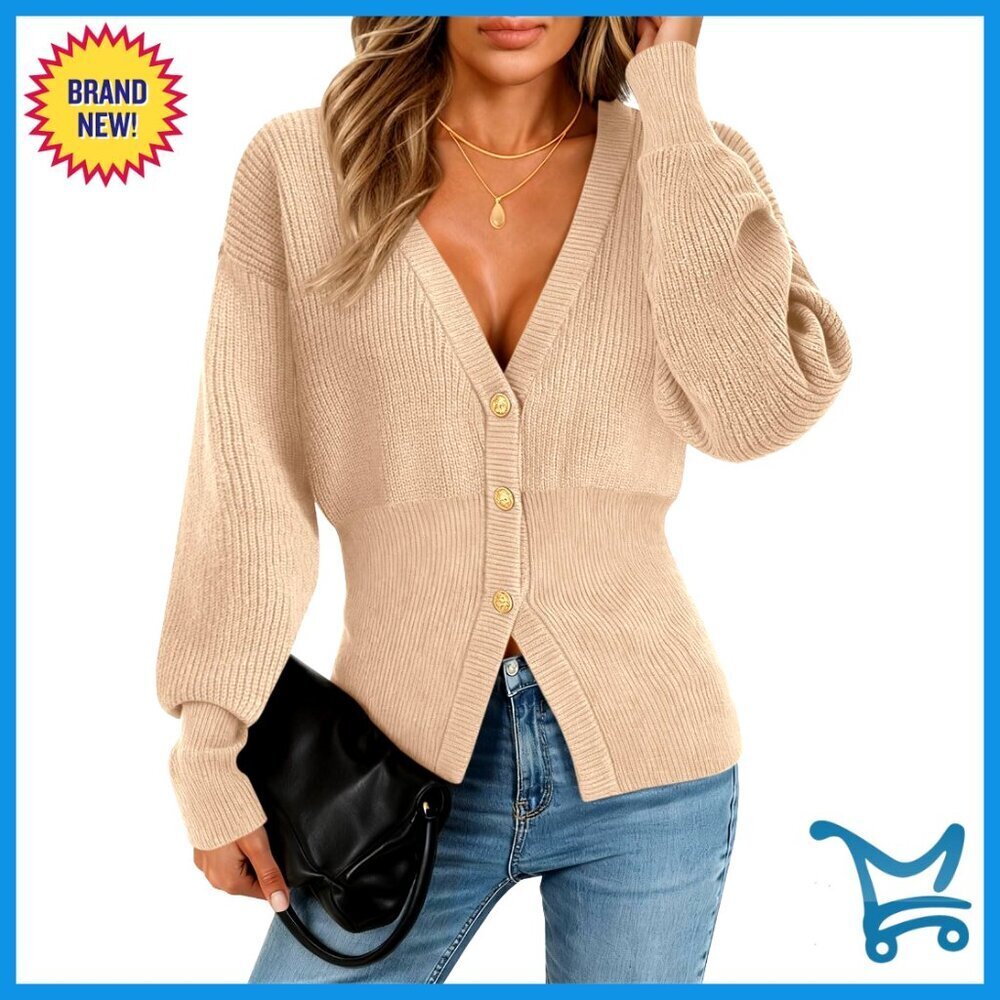 Chunky Knit V-Neck Cardigan Open Front Button Down Ribbed Winter Sweater